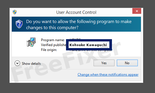 Screenshot where Kohsuke Kawaguchi appears as the verified publisher in the UAC dialog